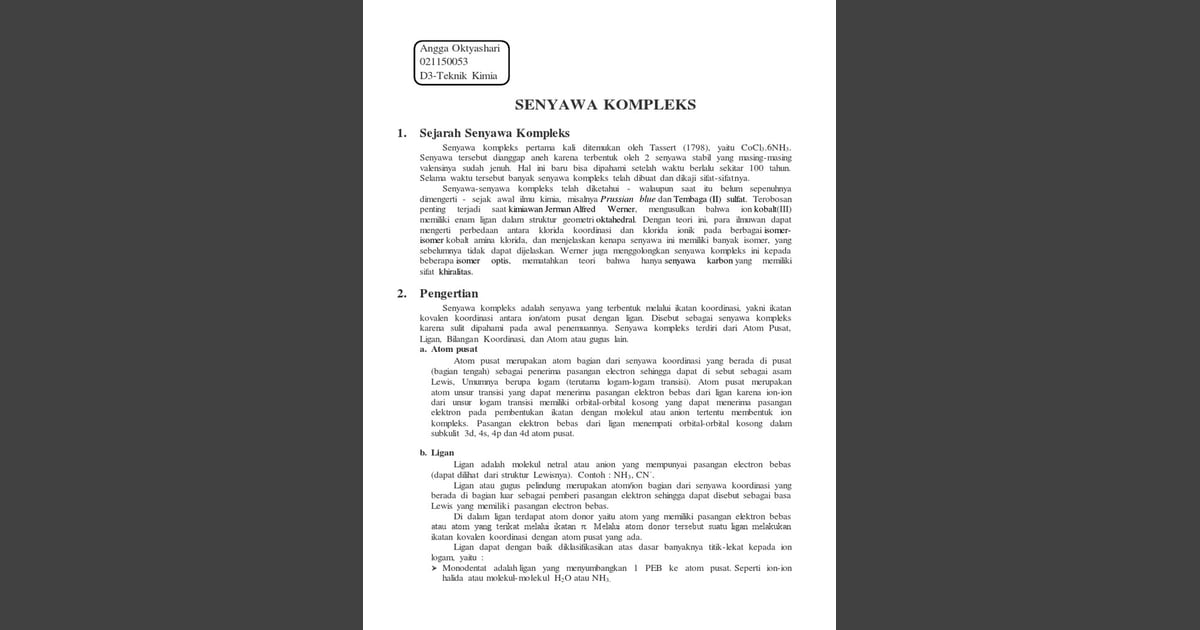 Senyawa Kompleks (Sejarah, Karakteristik, Manfaat Contoh) - Sejarah dan Tata